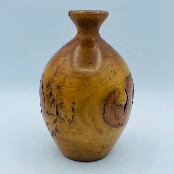 Burled Wood Decor Hand Crafted Knot Turned Artisan Vase Olive Mid-Century MCM - Picture 3 of 10